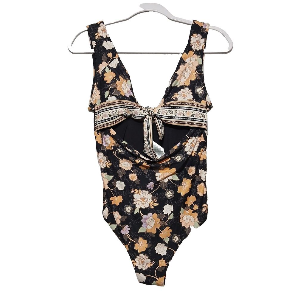 NWT $89 Rip Curl Black Floral L Women's One-Piece Bathing Suit Cut out Vaca #975